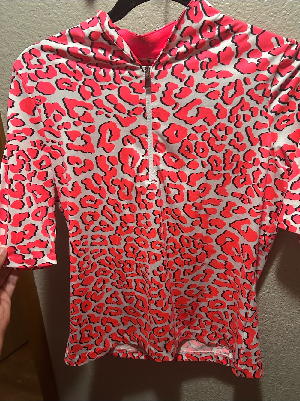 Tail Neon Coral Leopard Zip-Front Short Sleeve Tee